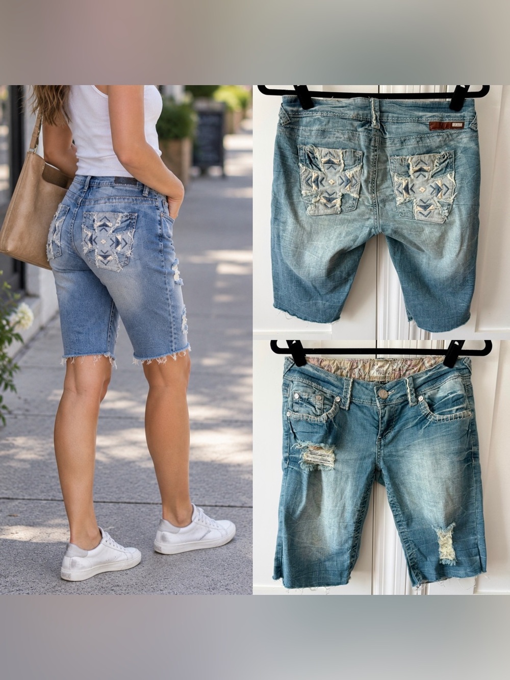 YNQ Y2K Low Rise Distressed Embroidered Denim Bermuda Shorts Blue Sz 7